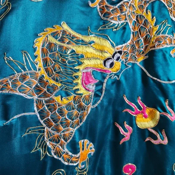 Vintage Silk Robe Phoenix Dragon Motif Teal Blue Medium